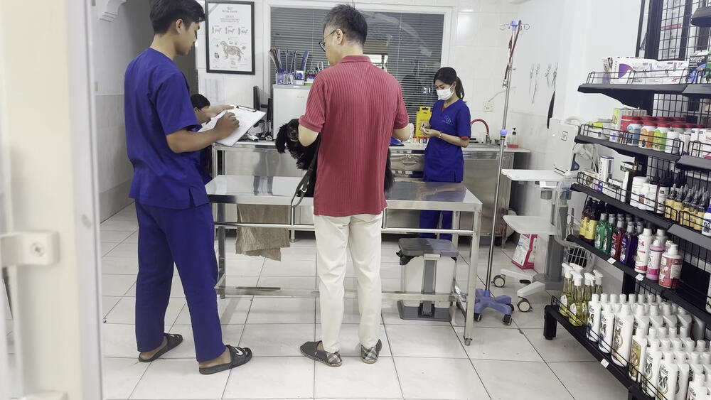 A Cambovet team member going through the findings with an owner and their dog